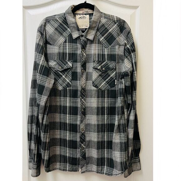 Vans Off the Wall Shirt Mens XL Grey Black Plaid Pearl Snap Up Long Sleeve - Picture 1 of 6